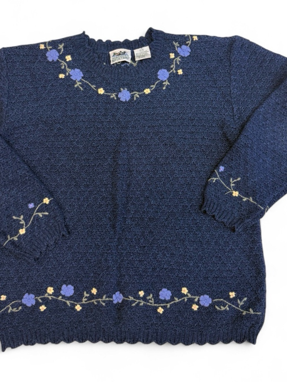 Northern Reflections Navy Crewneck Sweater with Blue & Yellow Floral Embroidery